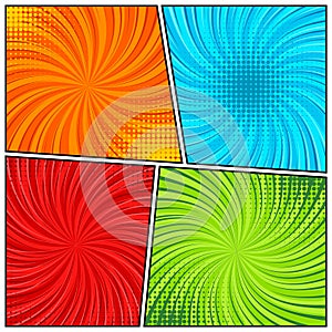 Colorful twisted comic book radial rays, lines. Comics background with motion, speed lines. Pop art style elements