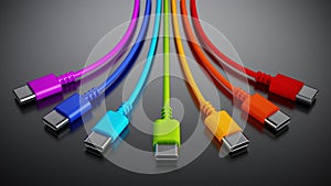 Colorful type C usb cables on dark background. 3D illustration