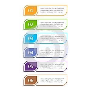 Colorful ui design concept element. Six steps. Vector button for web design.