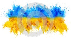 Colorful ukrainan flag yellow blue color holi paint powder explosion isolated white background. russia ukraine conflict war