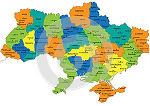Colorful Ukraine political map with clearly labeled, separated layers.