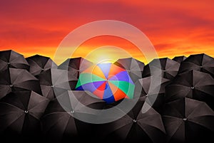 Colorful umbrella in mass of black umbrellas.