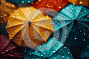 Colorful umbrella shields against a backdrop of splashing raindrops