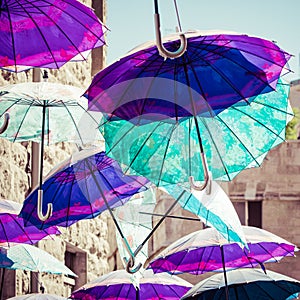 Colorful umbrellas background. Colorful umbrellas in the sky. Street decoration