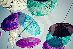 Colorful umbrellas background. Colorful umbrellas in the sky. Street decoration