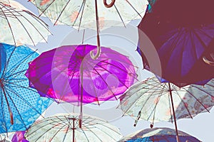 Colorful umbrellas background. Colorful umbrellas in the sky. Street decoration