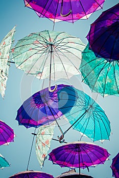 Colorful umbrellas background. Colorful umbrellas in the sky. Street decoration