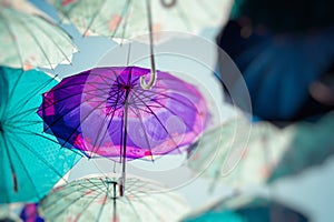 Colorful umbrellas background. Colorful umbrellas in the sky. Street decoration