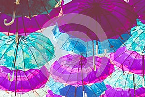 Colorful umbrellas background. Colorful umbrellas in the sky. Street decoration