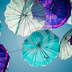 Colorful umbrellas background. Colorful umbrellas in the sky. Street decoration