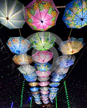 Colorful umbrellas background. Colorful umbrellas in the sky. Street decoration