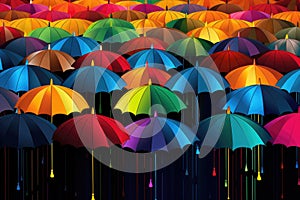 Colorful umbrellas on a black background illustration. A colorful rainbow of umbrellas on a rainy day, AI Generated