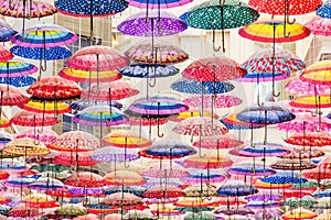 Colorful umbrellas on the ceiling