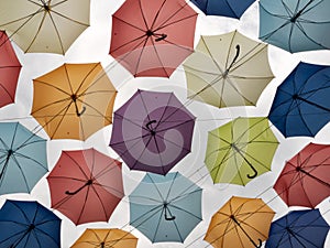 Colorful umbrellas on clear sky background