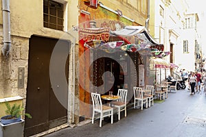 Colorful umbrellas in front of the restaurant