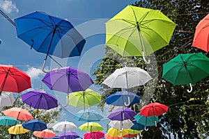 colorful umbrellas hanging to decoration outdoor