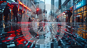 Colorful umbrellas line the wet city street as people walk in the rain