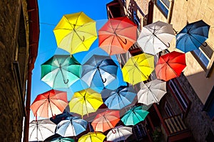 Colorful umbrellas in old Quebec