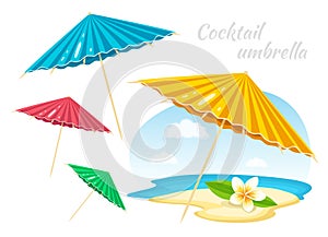 Colorful Umbrellas with Plumeria Flower. Summer Time Vacation Attribute. Decoration element