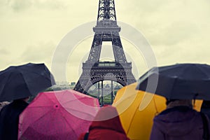 Colorful Umbrellas Rainy Day Eiffel Tower Paris
