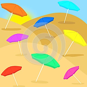 Colorful umbrellas on the sand, empty beach landscape, summer vacation, trip to the sea.