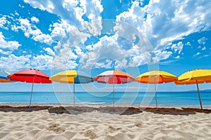 Colorful umbrellas on sandy beach. Travel and vacation background. Generative AI