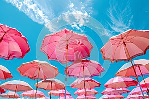 Colorful umbrellas on sandy beach. Travel and vacation background. Generative AI