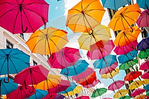 Colorful umbrellas street Strada Alba Iulia in Timisoara, Romania