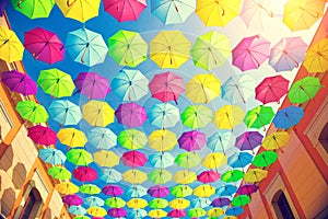 Colorful umbrellas urban street decoration