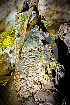 Colorful underground Prometheus Cave formations, Imereti region of Georgia