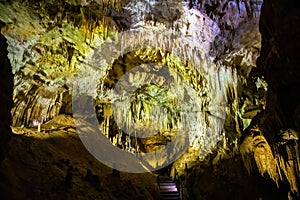 Colorful underground Prometheus Cave formations, Imereti region of Georgia