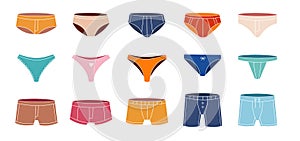 Colorful underpants set. Female and male underpants. Colorful swimwear. Personal underclothing apparel. Classic boxers photo