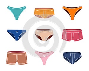 Colorful underpants. Woman and men underpants. Colorful swimwear. Personal underclothing apparel. Classic boxers, trunks photo