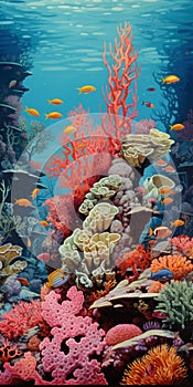 Colorful Underwater Painting Of A Coral Reef With Various Fish