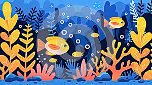 A colorful underwater scene with two fish swimming in the foreground