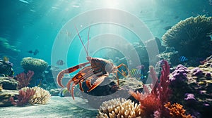 Colorful Underwater Seascape With Swimming Lobster