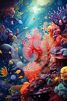 Colorful underwater world with corals and fish. Generative AI