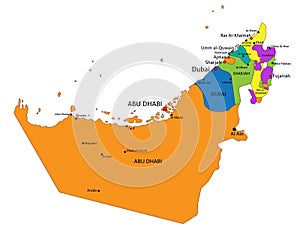 Colorful United Arab Emirates political map with clearly labeled, separated layers.