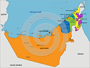 Colorful United Arab Emirates political map with clearly labeled, separated layers.