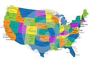 Colorful United States of America political map with clearly labeled, separated layers.