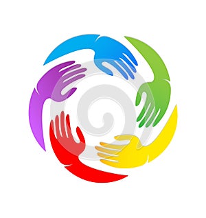 Colorful unity hands together vector logo