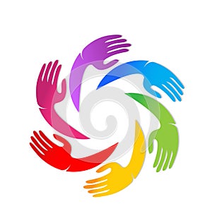 Colorful unity hands together vector logo
