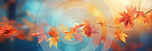 Colorful universal natural panoramic autumn background for design with orange leaves and blurred background