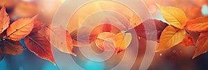 Colorful universal natural panoramic autumn background for design with orange leaves and blurred background