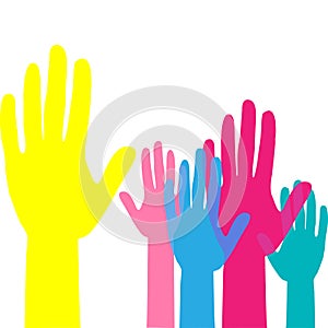Colorful up hands. Raised hands volunteering. team work concept