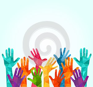 Colorful up hands. Vector illustration, an associers celation, unity, partners, company, friendship, friends background Volunteebr photo
