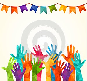 Colorful up hands. Vector illustration, an associers celation, unity, partners, company, friendship, friends background Volunteebr