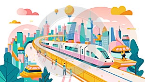 Colorful Urban Landscape with Modern Train and City Dwellers photo