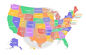 Colorful USA map. United States of America regions with different colors and names for travel and geography vector