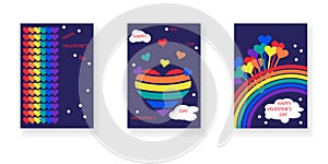 Colorful Valentine`s Day greeting card set for the LGBT community.